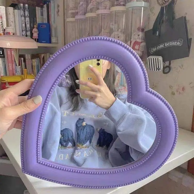 Pink Bow Heart-shaped Mirror Girl Cosmetic Makeup Mirrors Student Dormitory Wall Mounted Dual-use Vanity Mirror Table Decoration