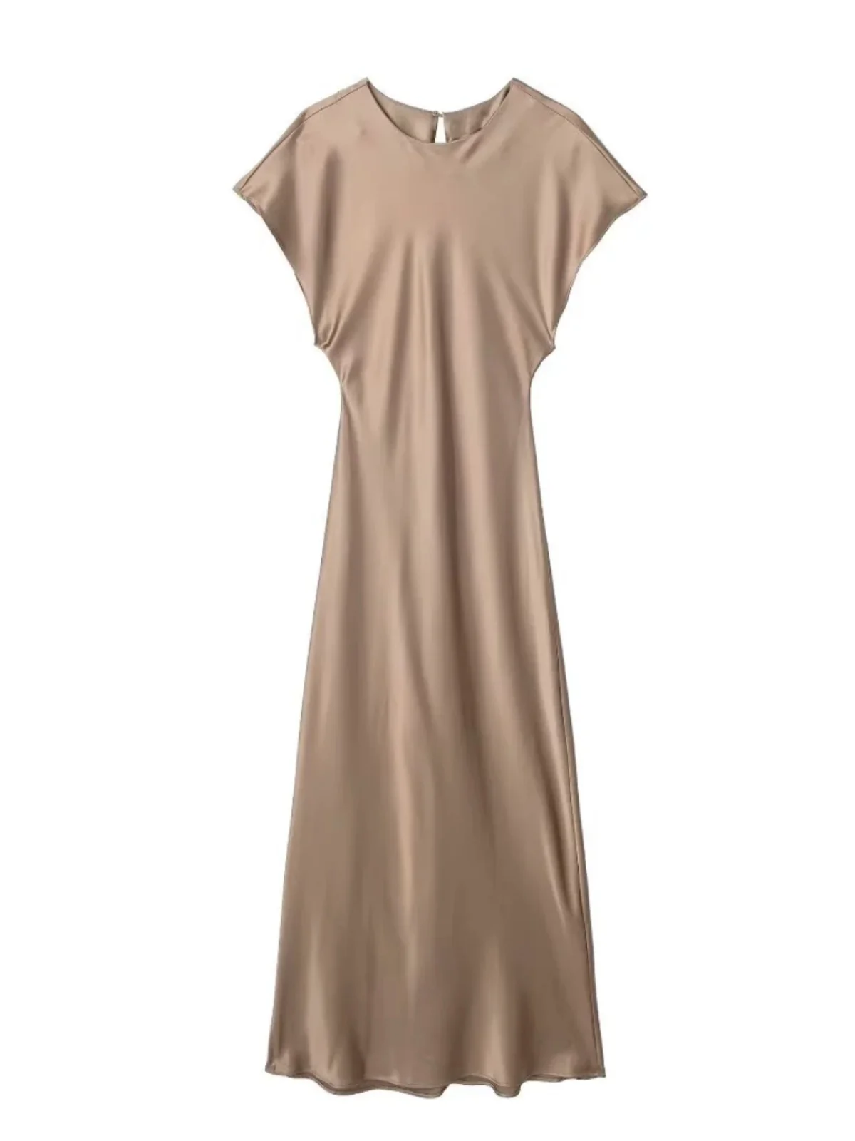 Chic décontracté soie Satin Midi Dr automne nouveau Sle femmes Faionable rue Sle rond Ne ort Sve a-ligne Dr