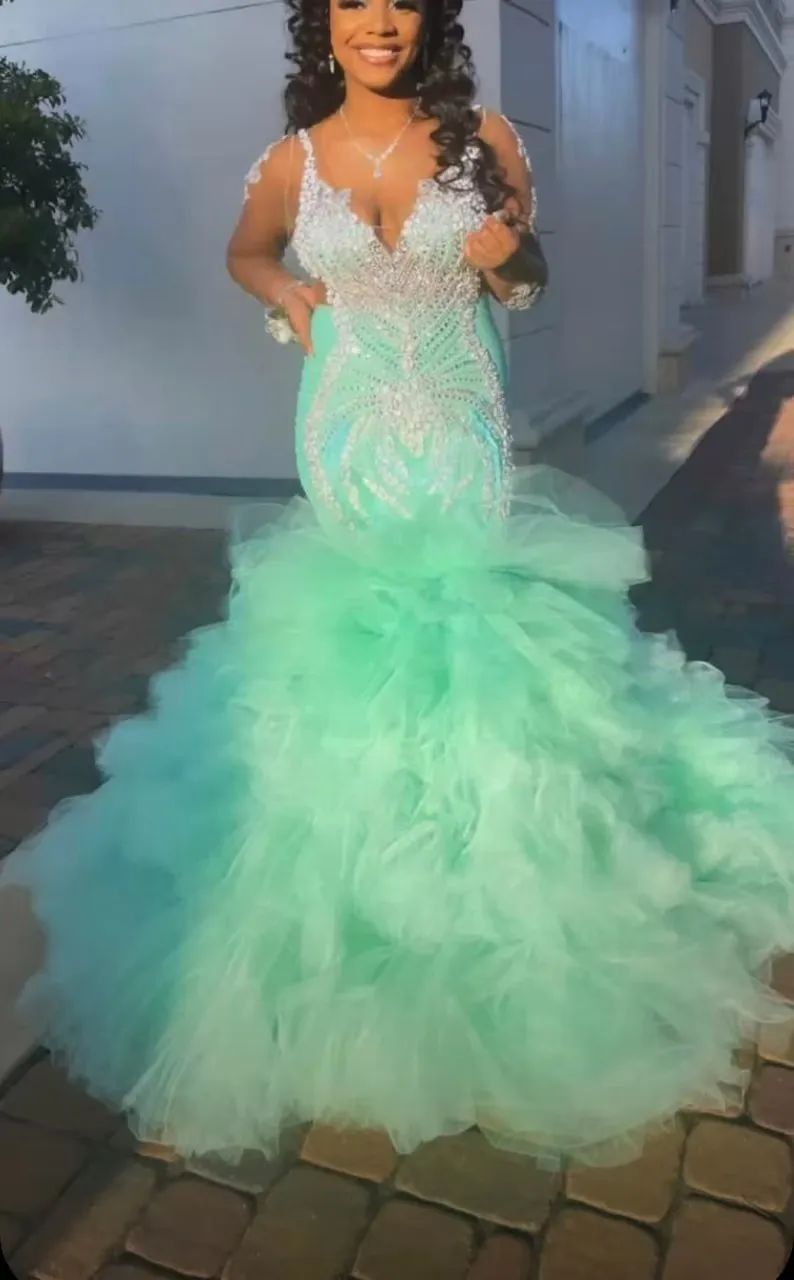 African American Mermaid Prom Dresses, Mangas compridas, Tule frisado, Meninas Pretas, Nigéria Robe, Vestido de noite turquesa