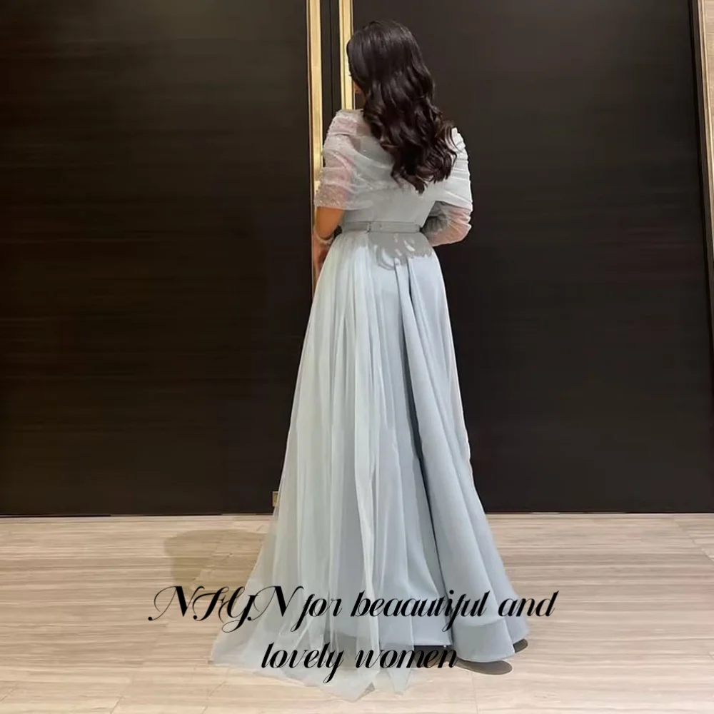 NFYN Blue Sexy Formal Gown Net Off the Shoulder Woman Evening Dress Pleats V-Neck A-Line Celebrity Dress for Woman Customized