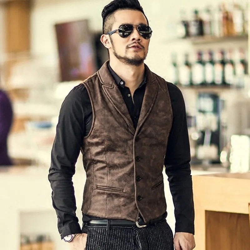 

2023 Vintage Style Slim Fit Mens Sleeveless Vests V Neck Retro Suede Vest Waistcoat Men Halloween Party Cosplay Chaleco Hombre