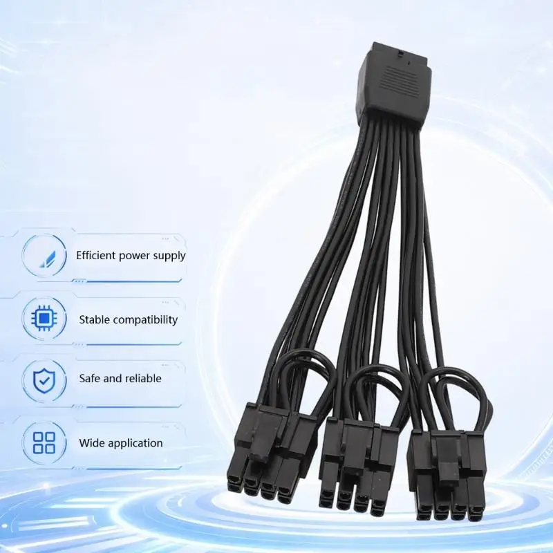 Black GPU Power Cable 16 Pin Female to 3x8 Pin Male, 18AWG Card Power Wire for PC Building, Desktop Routing, Daily Use, and
