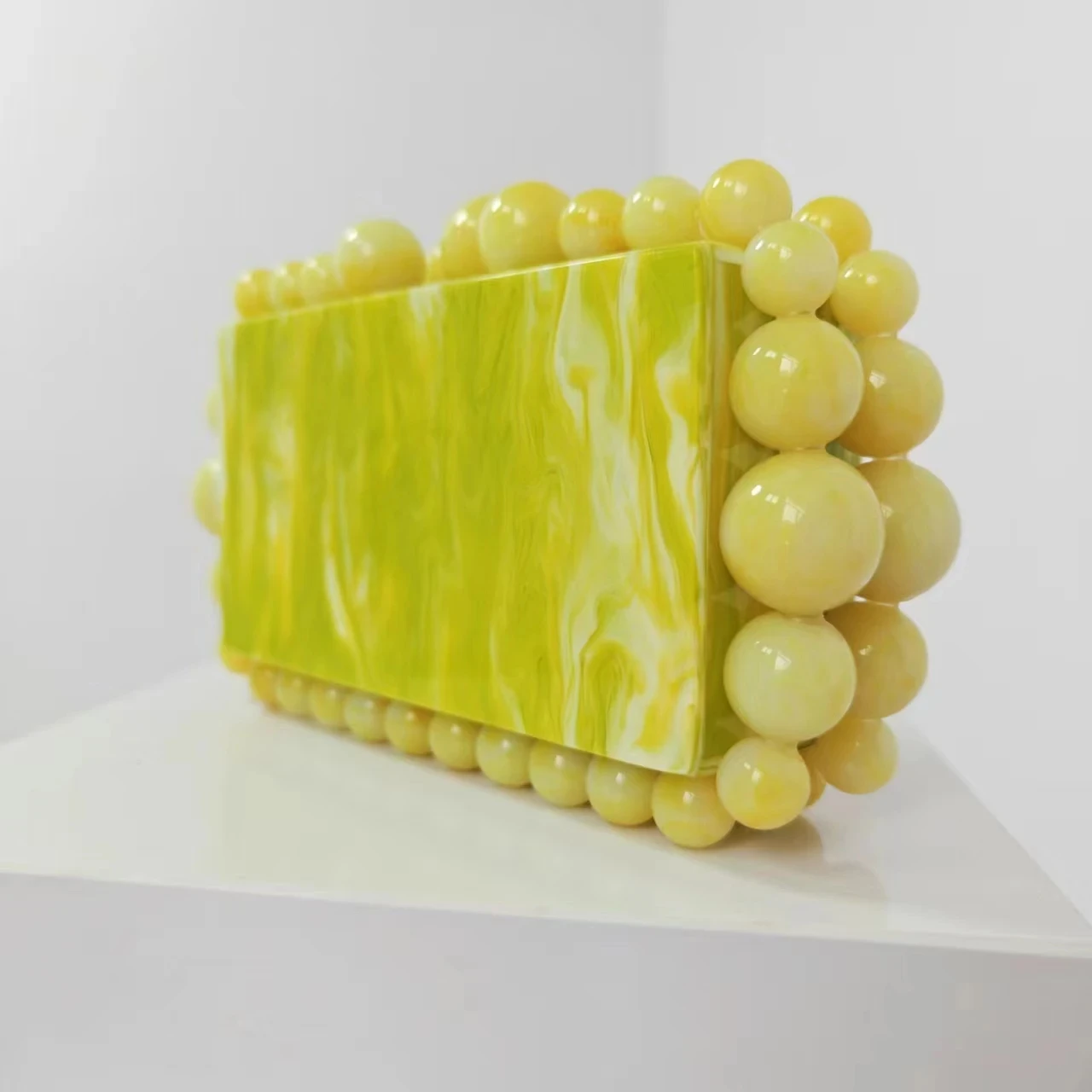 Green Three Beaded Heavy Brand New Acrylic Yellow Women Shoulder Pvc Box Clutches Evening Party Beach Gift Handbag And Purse Bag