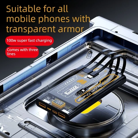 (CCC)PD100W 20000/30000/50000 мАч Power Bank в стиле Mecha для iPhone, Samsung и Xiaomi с встроенным кабелем