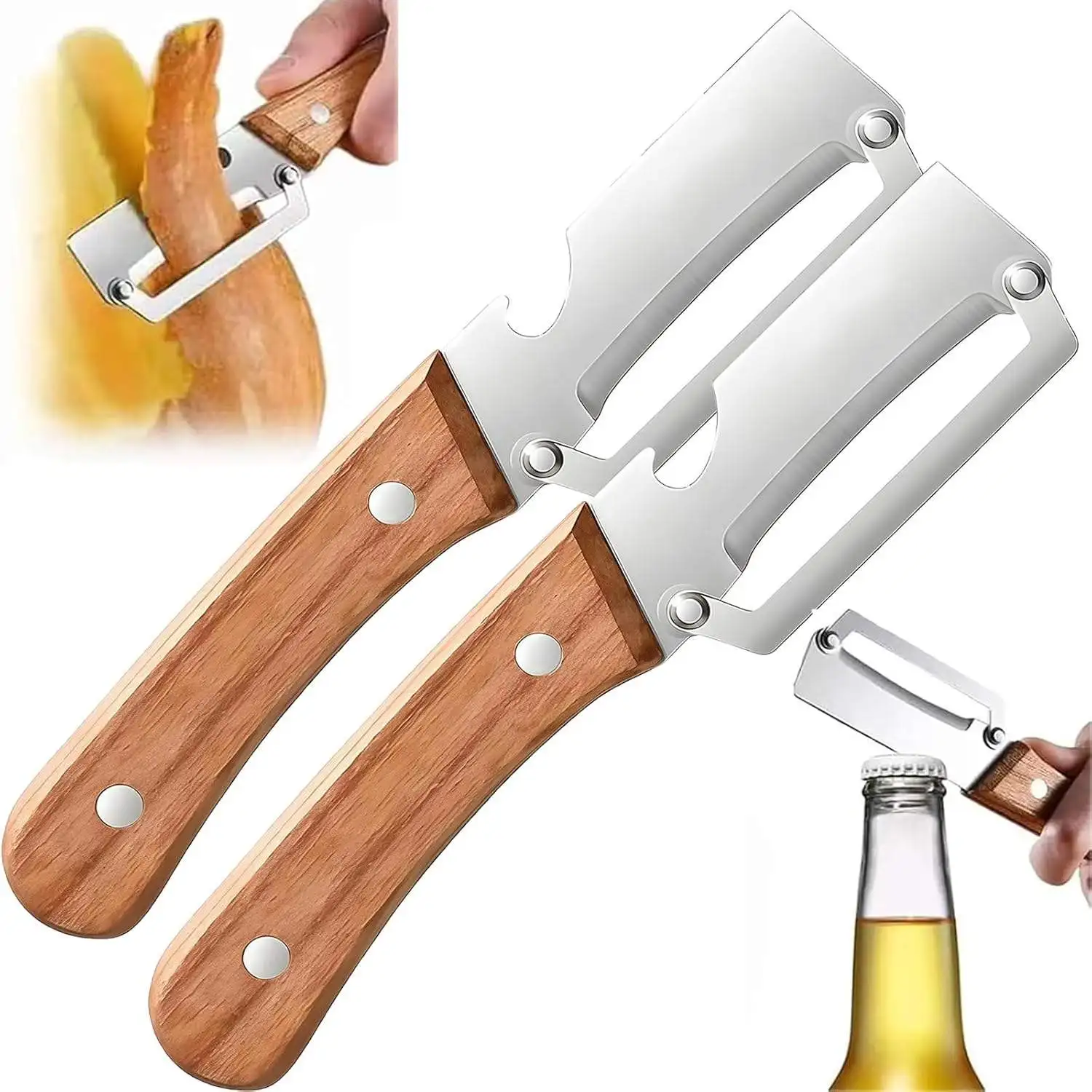 Multi-functional Wooden Handle Peeler Stainless Steel Blade 3-in-1 Fruit Vegetable Peeler Slicer Cutter with Bottle Opener