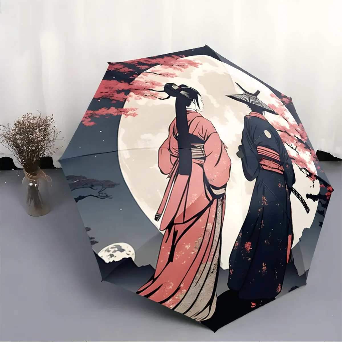 

Складной зонт «Самурай и Гейша под луной сакуры», креативный портативный складной зонт, подходит для всех праздничных подарков.