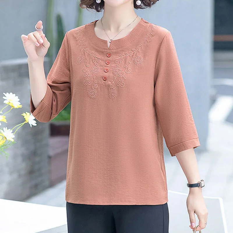 Fashion All-match Solid Color Embroidery Tops for Women 3/4 Sleeve Summer Casual Button Spliced O-Neck T-shirt Female Clothing