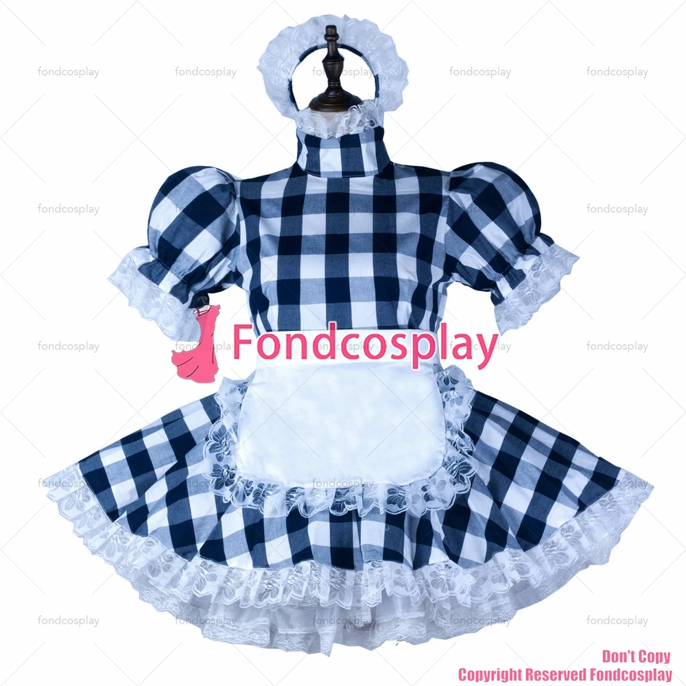 

fondcosplay adult sexy cross dressing sissy maid Navy blue lattice cotton dress lockable Uniform white apron CD/TV[G2355]