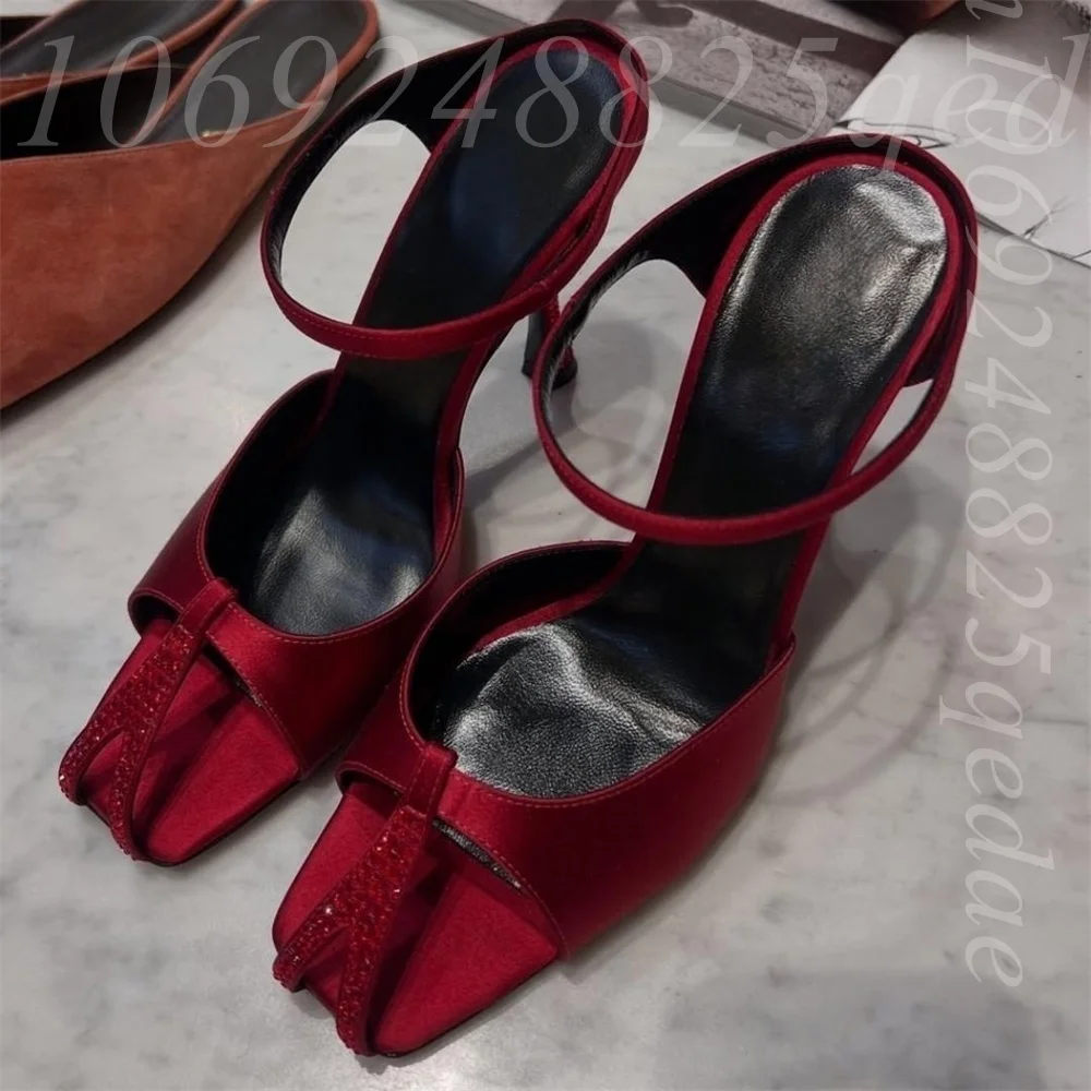 

Women's Brown/Red Satin Leather Open Toe Sandals, Crystal Embellished Heel, Ankle Strap, Hollow Toe with Rhinestone Detail Shoes