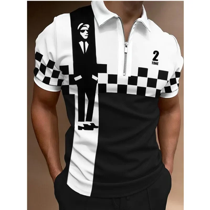 Men's Lapel SKA Style Zip Short Sleeve Casual POLO Shirt Top