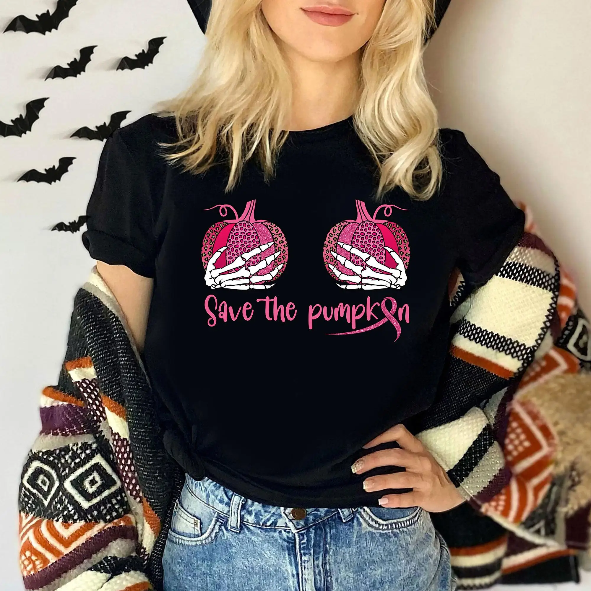 

Save The Pumpkins Skeleton Breast Cancer Awareness Month Shirt, Pink Ribbon Leopard Shirt, Breast Cancer Shirt, In October We We