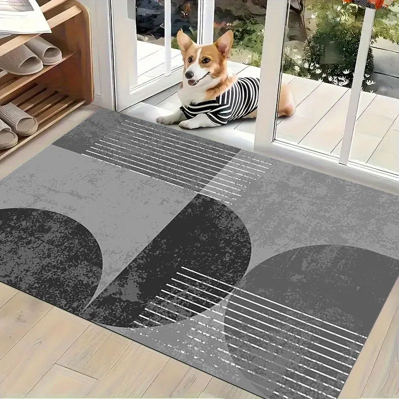Contemporary abstract 2D printed carpet with grey black white circles and linear textures for minimalist office