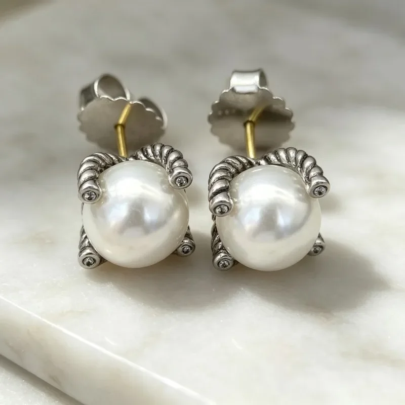 NewFour Prong Pearl Stud Earrings for Women Silver Tone Alloy Vintage Classic Jewelry Gift