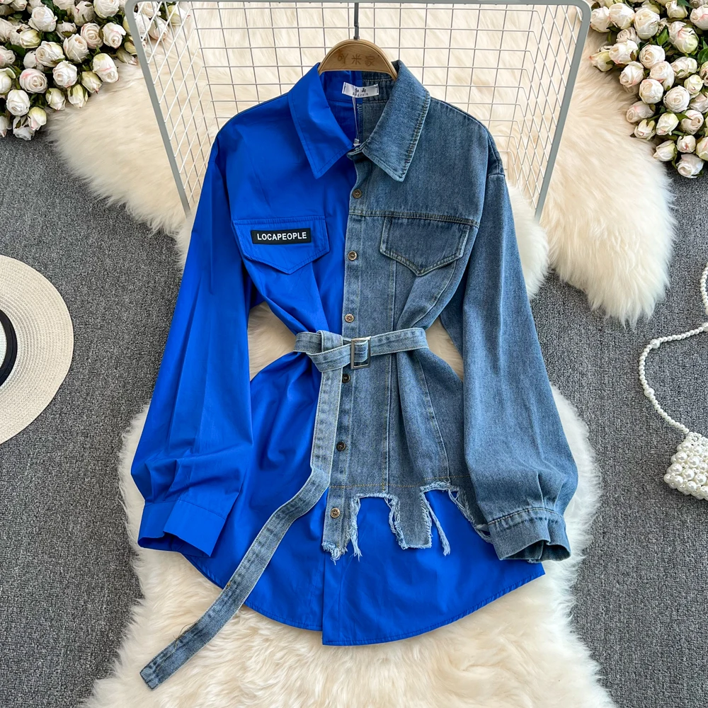 Women Shirts Designer Matching Color Patchwork Belt Long Shirt Casual Medium Long Denim Tops Blouse For Junior Young Woman