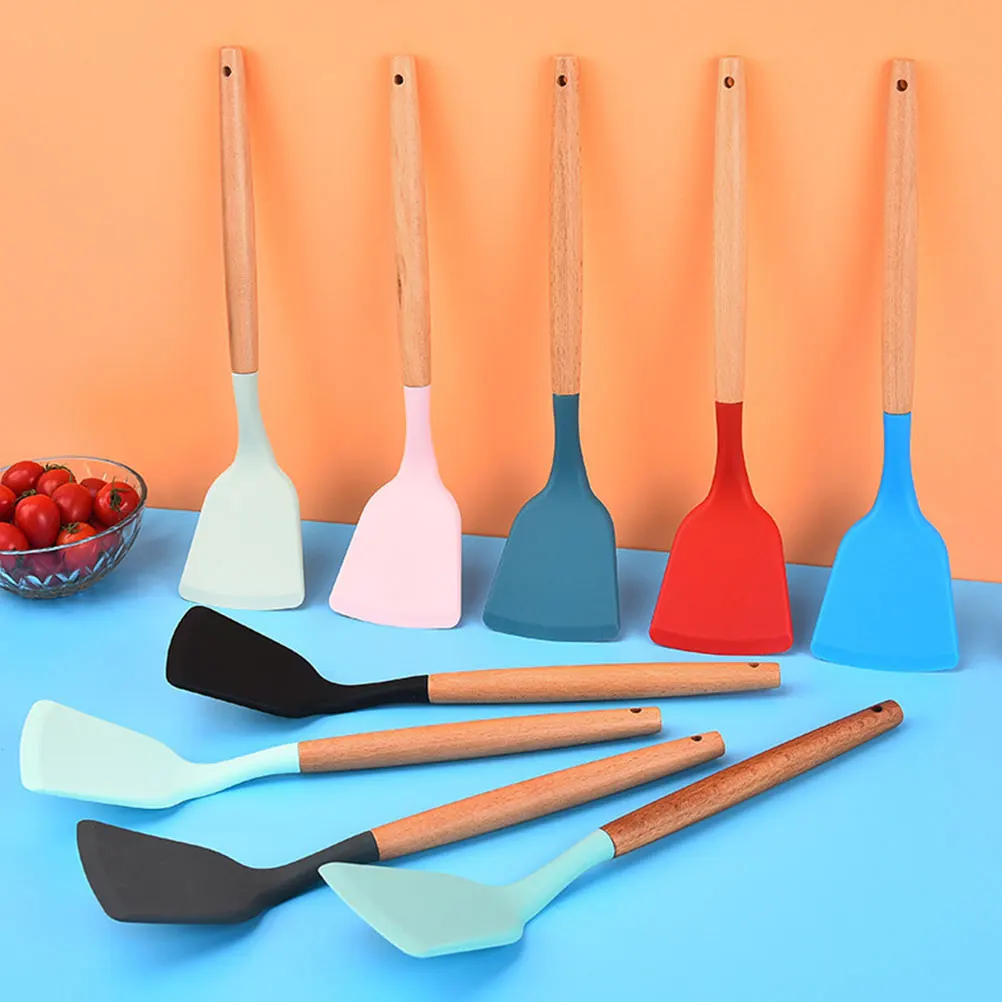 

2Pcs Wooden H Silicone Spatula Non stick Shovel Lightweight Kitchen Cookware Utensil Hanging Hole Smooth Surface Firm Grip