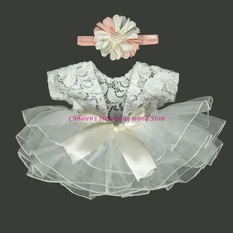 Baby Photography Props Outfit Lace Bowknot Skirt with Flower Headband 425F