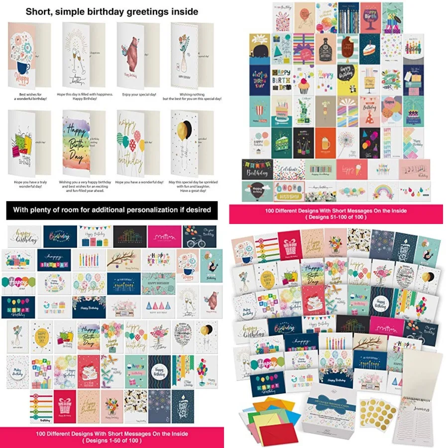 

100 Unique Birthday Cards Assortment with Greetings Inside for Businesses and Individuals.100 Color Envelopes, Gold Seals, Birt