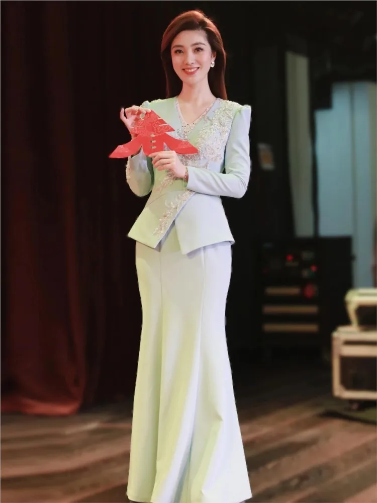 Blue Host New Elegant Art Exam Speech Banquet Dress
