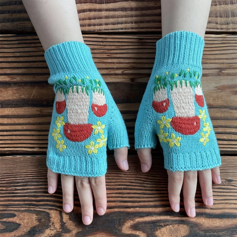 Winter Warm Gloves Stretchy Mittens Adult Knit Crochet Mushroom Half Finger Gloves Knit Gloves for Cold Weather