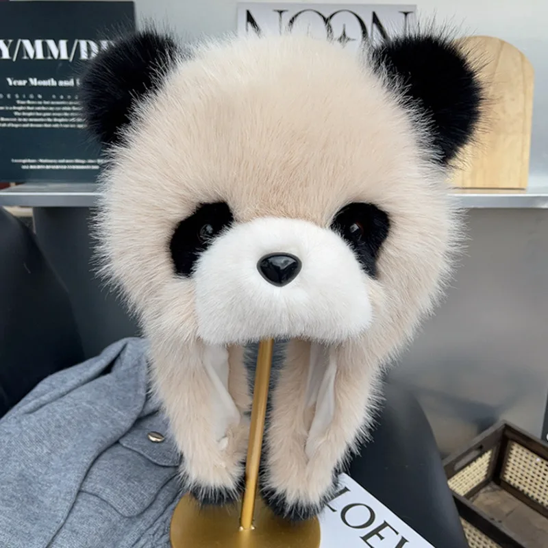 Faux Mink Fur Cap Plush Panda Hat Winter Women's Ear Protection Hat Fashion Bomber Hat Outdoor Thicken Furry Wind Snow Caps