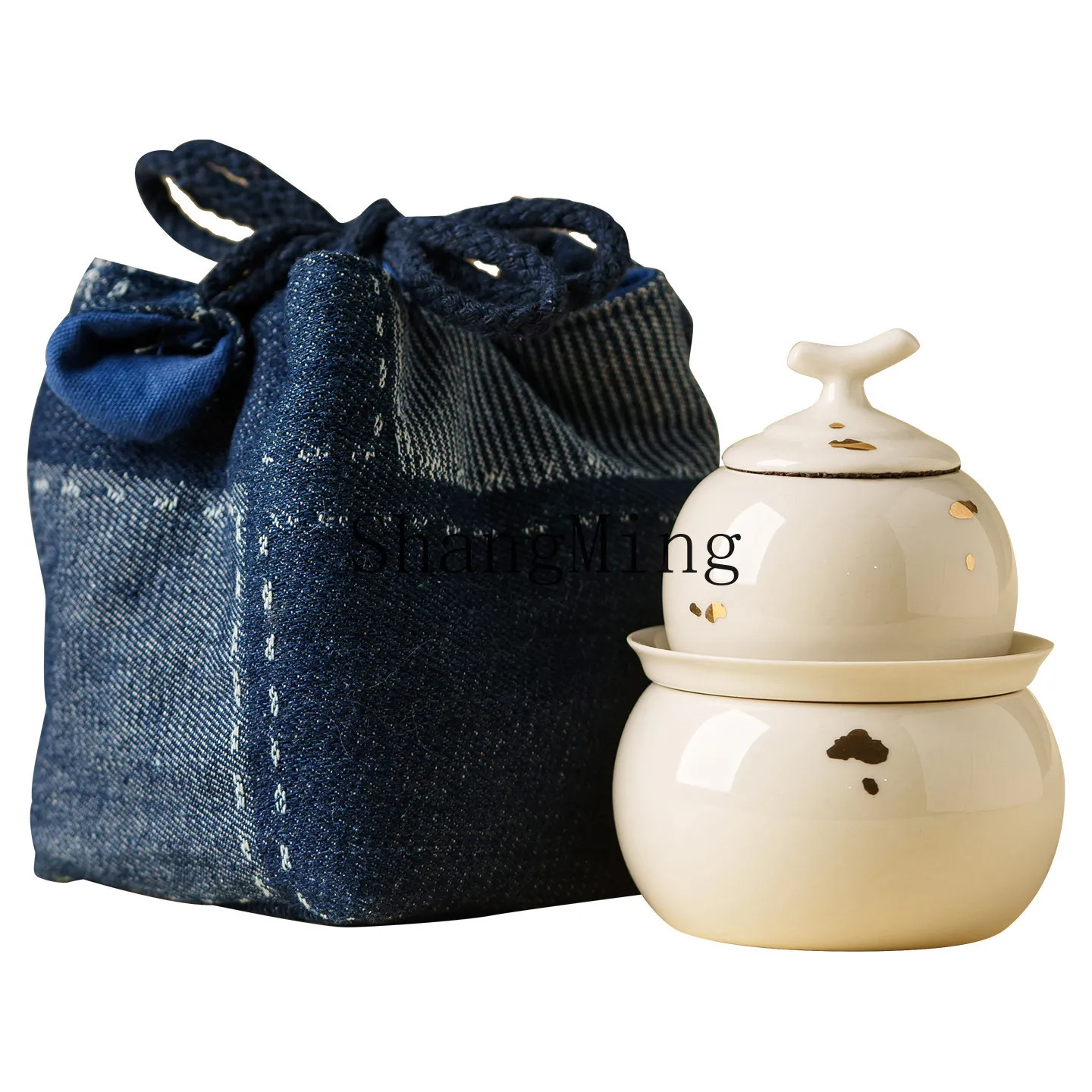 DSA Rice Gold Gourd Ceramic Mug Portable Travel Tea Set Outdoor Tea Brewing One Person Drinking Set