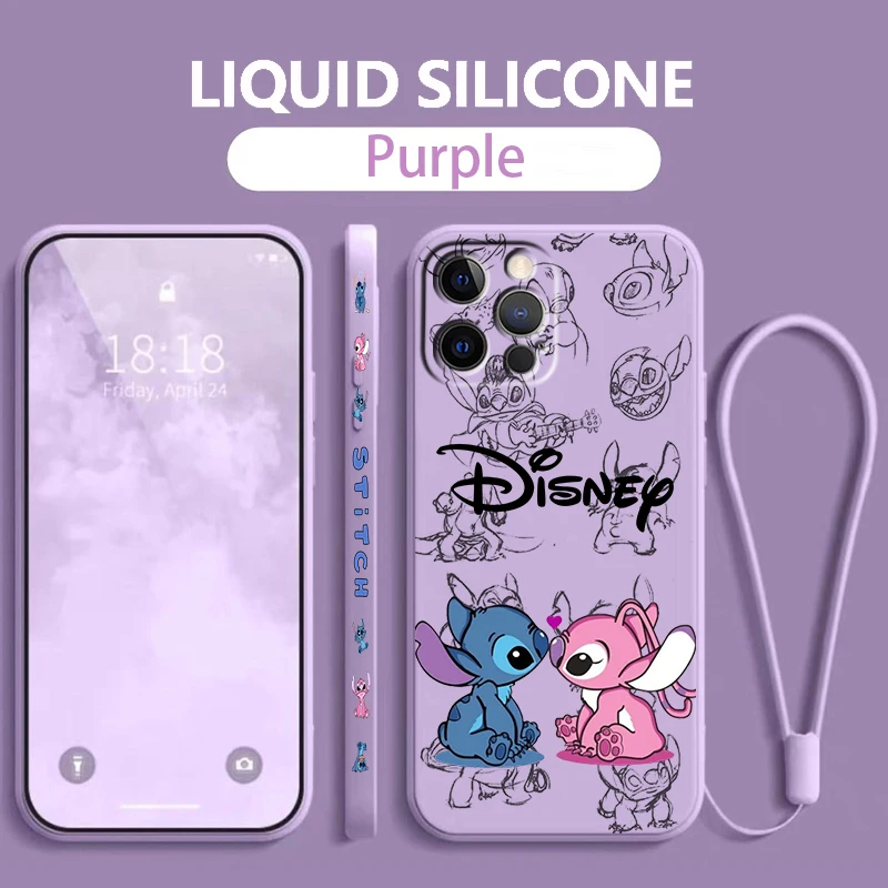 Disney Stitch Blue Cute Liquid Left Rope For Apple iPhone 15 14 13 12 11 XS XR X 8 7 SE Pro Max Plus Mini Soft Phone Case image 3