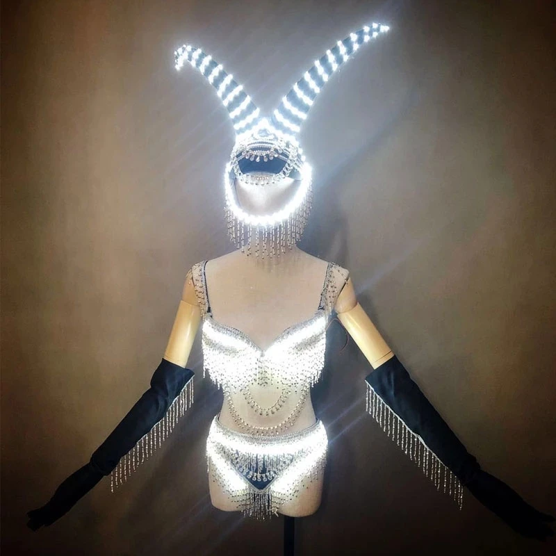 

LED Lighting Dance Costume Luminous Rhinestones Tassels Bikini Bar DJ Female Singer Jazz Clothes tronce outfit