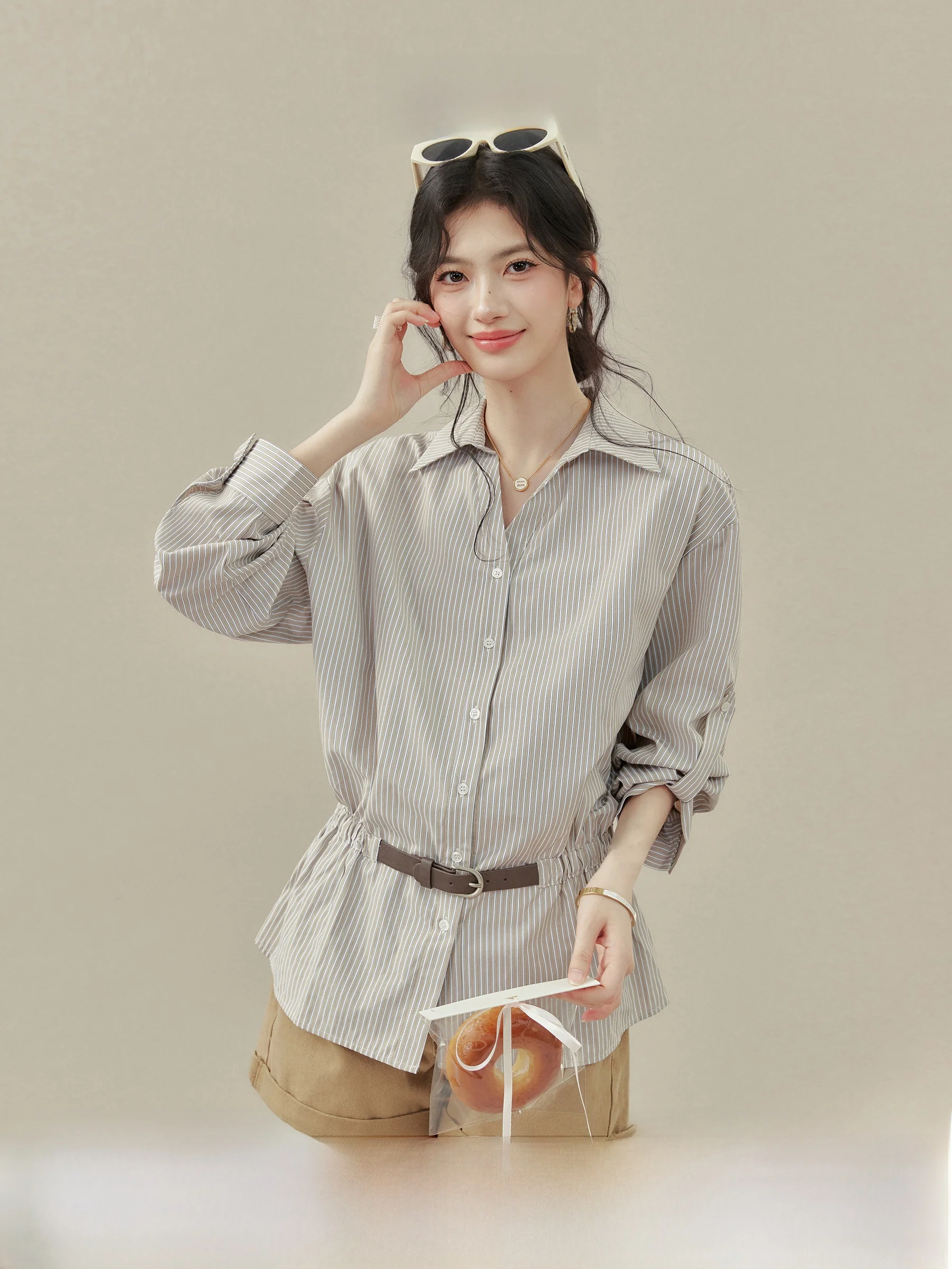 

Unique Striped Waist-Cinching irt for Women Early Spring Flip-Collar Small Top Casual Loose Fit Long Sve Busin irt