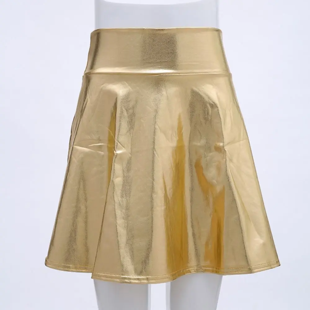 Eleganter Metallic-Faltenrock, Gold-Silber, ausgestelltes Design, glänzendes kurzes Kleid, einfarbig, elastischer Falten-Skaterrock
