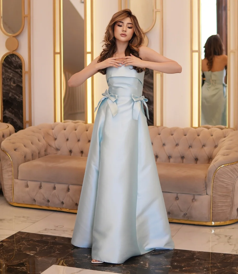 

Customized High Quality Charmeuse Pleat Bow A-line Strapless Long Dresses Bespoke Occasion Fashion Modern Style