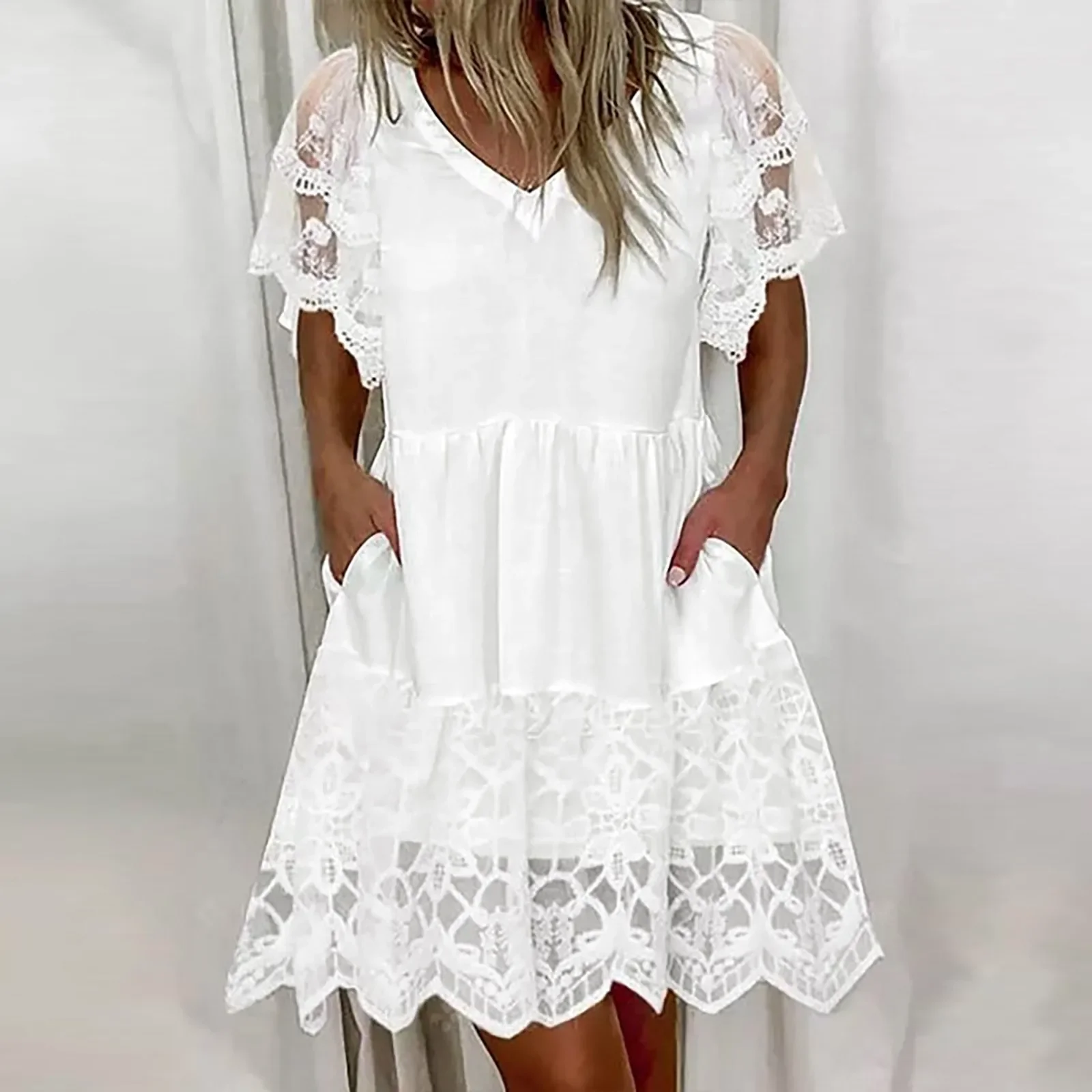 Vestido blanco de encaje con cuello en V para Mujer, minivestido plisado de manga corta, holgado, informal, para vacaciones, 2024