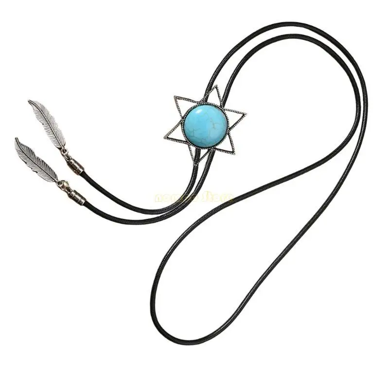 31BF مجوهرات اليدوية بولو التعادل قبعات رعاة البقر الغربية الجلود حبل ربطة العنق مع الفيروز خمر المعادن قلادة على شكل ريشة قلادة