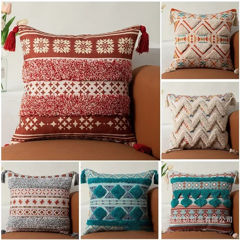 Throw Pillow Cover Bohemian Traditional Culture Ethnic Ornament Floral with Tassels Throw Pillow Covers for  Sofa Home Decor