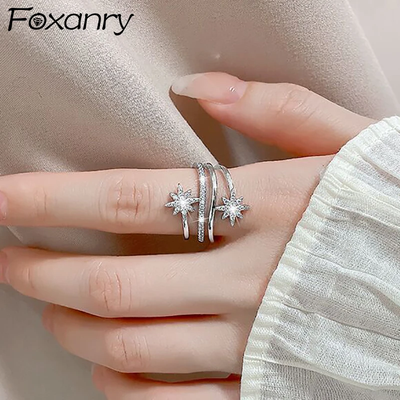 FOXANRY Sparkling Zircons Engagement Rings for Women Couples New Fashion Creative Multilayer Geometric Flower Ring Party Jewelry