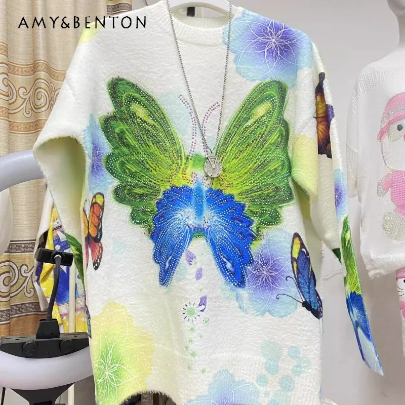 Autumn And Winter New Mink Long-sleeved Crew Neck Kawaii Knitwear Women's Loose Butterfly Diamond Drills Printed Knitted Sweater