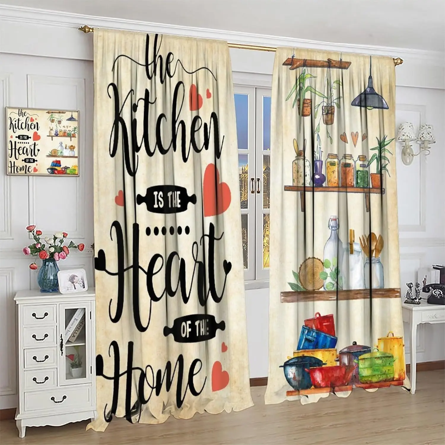 Vintage Rustic Kitchen Curtain,Retro Funny Quotes Food Vegetables Fruits Window Treatment Curtains for Kitchen Bedroom Cafe