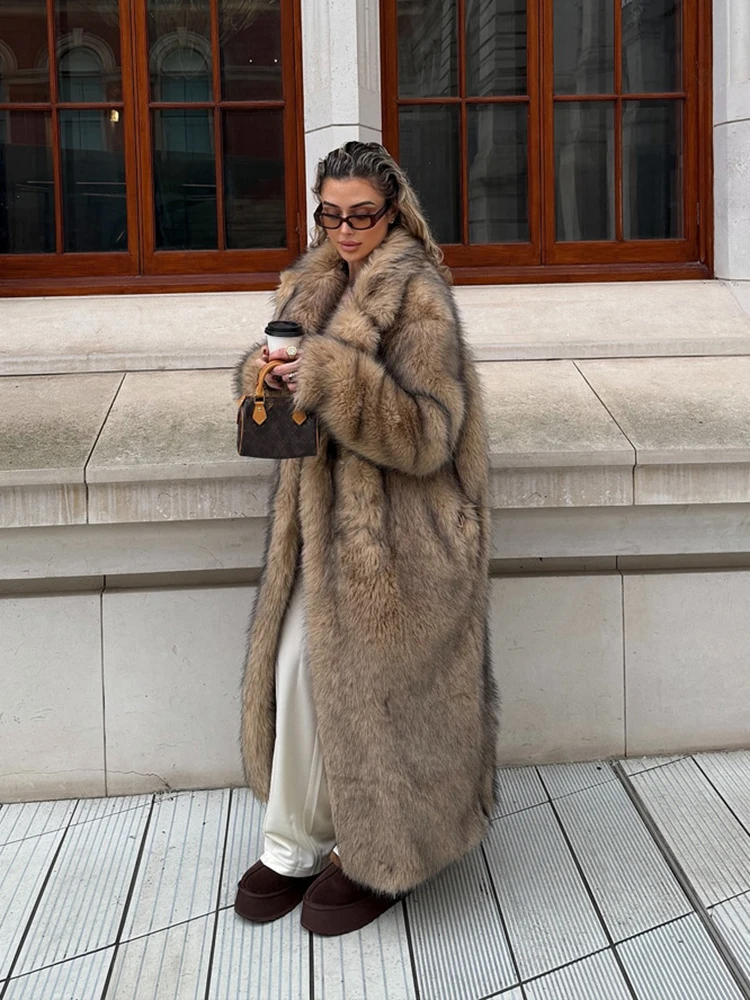 Winter Casual Luxury Lapel Long Sleeve Fluffy Coat Women Long Brown Faux Fur Overcoat Female High Quality Thicken Warm Outwears