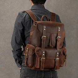 Drop shipping leather backpack vintage top grade fashion leather bag pack travel bag men male day pack crazy horse leather bags