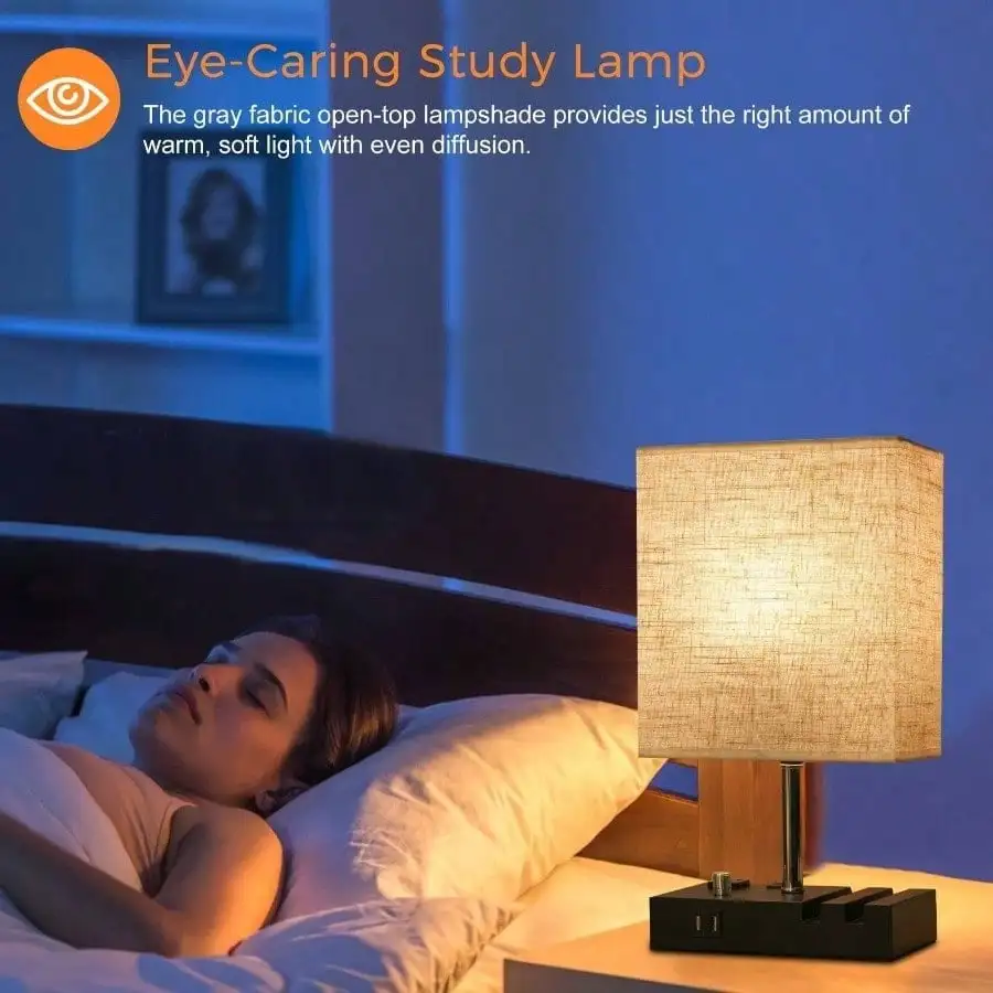 USB 포트 2개와 AC 콘센트 2개가 있는 침대 옆 탁상 램프, 패브릭 갓이 있는 완전 조광 가능한 나이트스탠드 램프, 침실용 휴대폰 거치대 2개