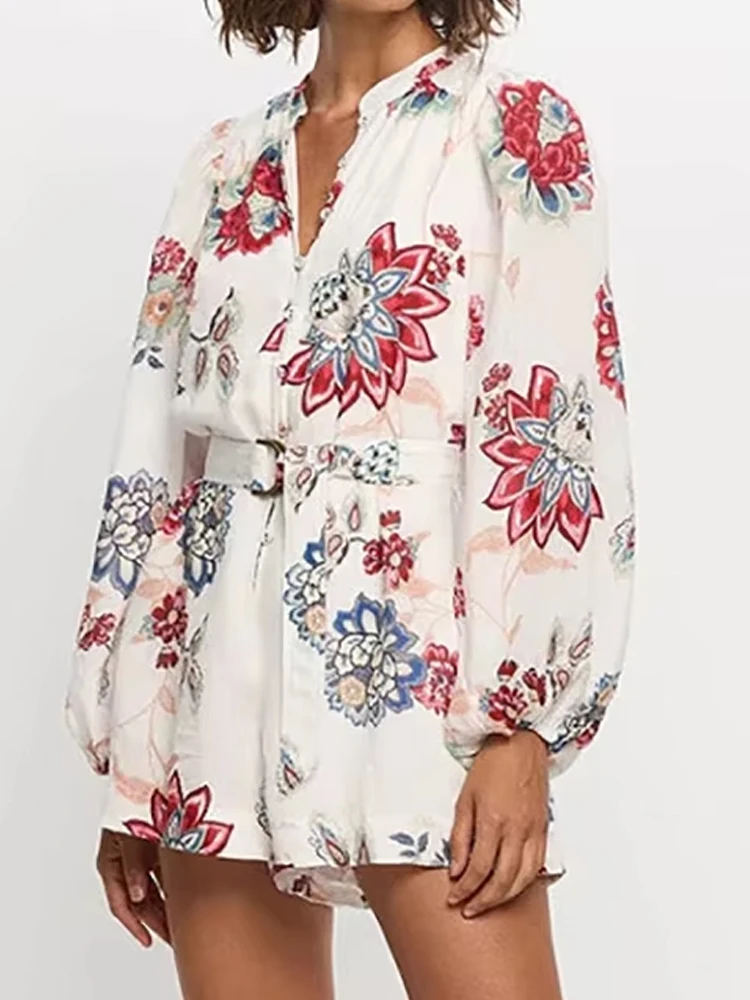 

Temperament Elegant V-neck Bohe Romper Casual Lantern Sleeve Waist Party Floral Print Jumpsuit Fashion Women Straight Playsuits