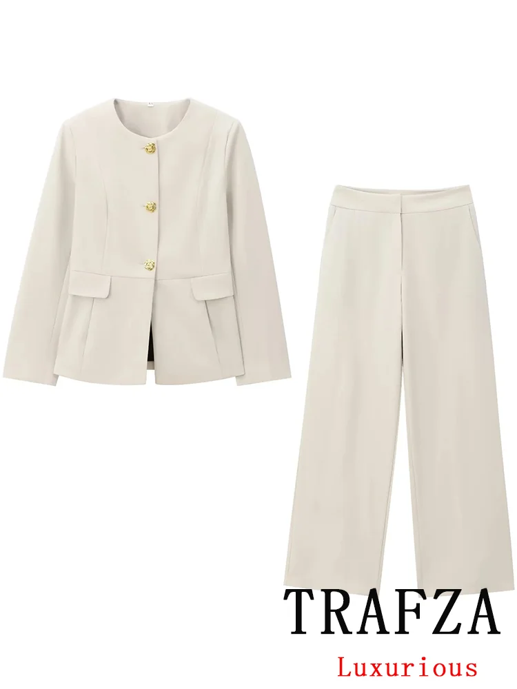 TRAFZA Vintage Casual Chic Solid Women Suit Pockets O-Neck Button Blazer Straight Loose Pants New Fashion 2024 Autumn Winter Set