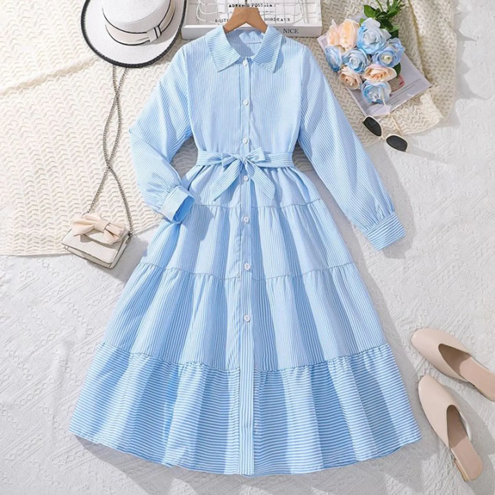 Kids Casual Shirt Dress For Girls Flip Collar Clothes Autumn Winter New Child Long Sleeve Blue Striped Princess Dress With Belt