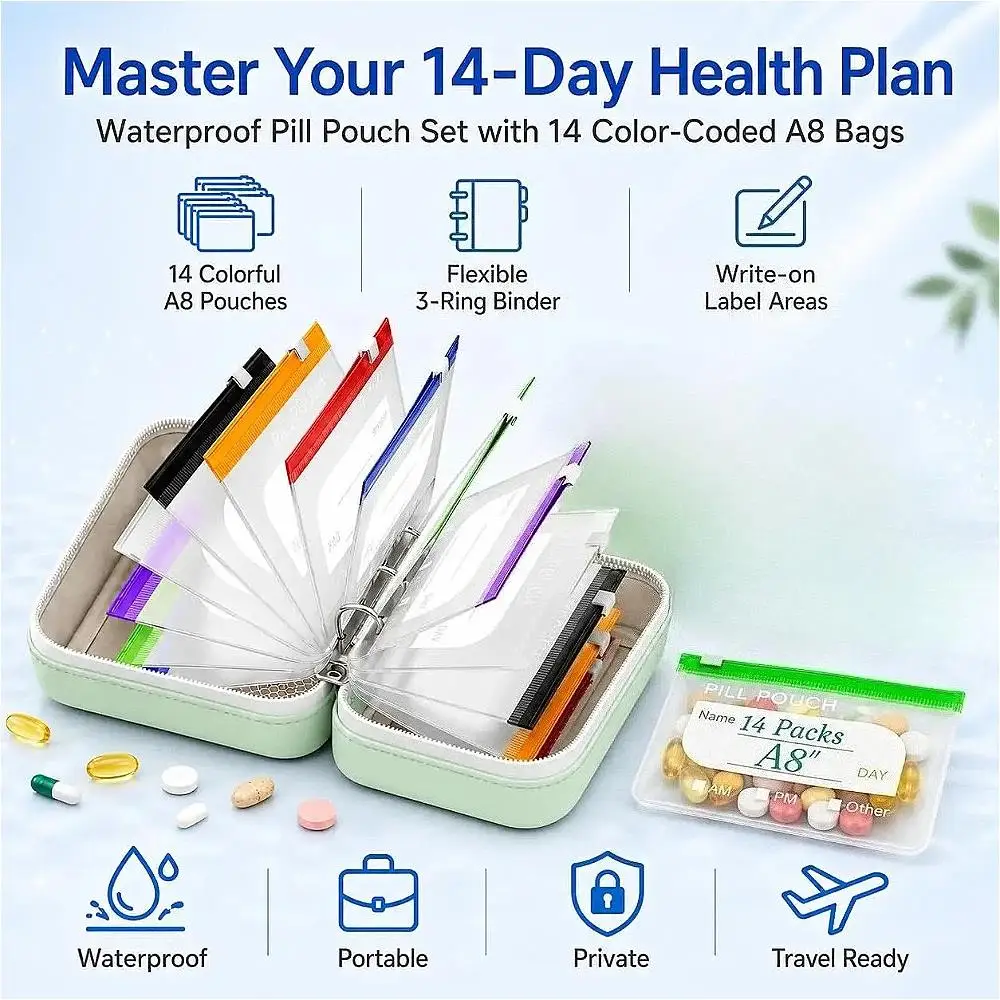 7/14Pouch Weekly Pill Organizer Waterproof A8 Pouch Twice-Daily Pill Storage Organizer Vitamins Supple with 14 Color-Coded Pouch - view 5