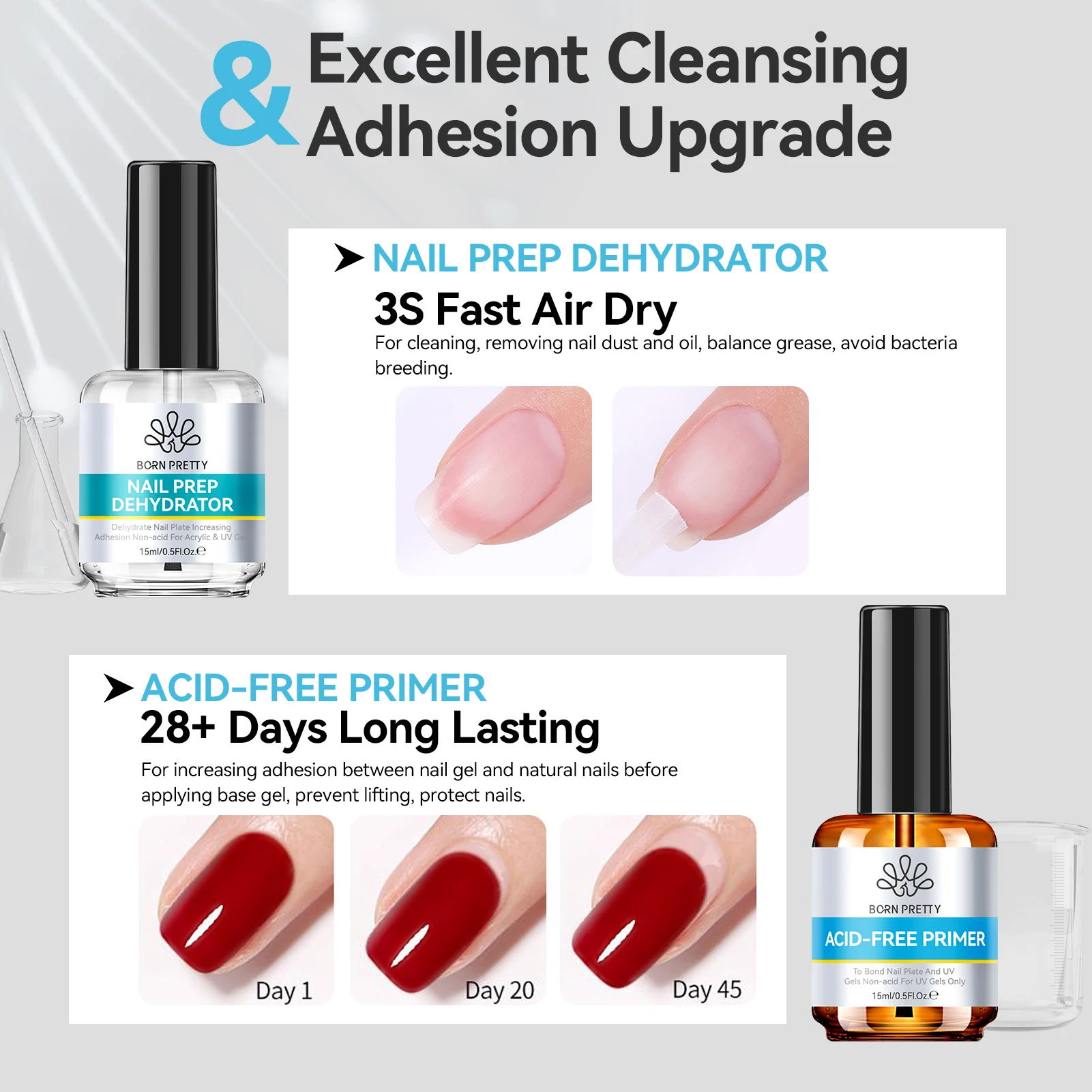 BORN PRETTY 15ml Nail Primers And Acid Free Natural Nail Prep Dehydrator Set Bond Primers Bonding Polish Nail Supplies 2pcs/set