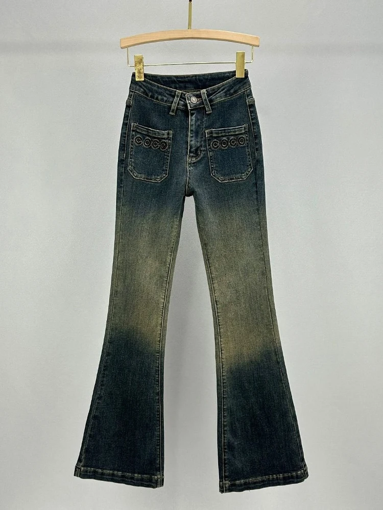 

Модные облегающие джинсы-колокольчики с вышивкой и высокой талией, женские длинные брюки, лето 2024, зауженные леггинсы Sli