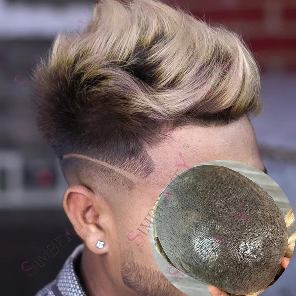 

Super Natural Hairline 4T613 Brown Roots Ombre Blonde 0.04mm-0.06mm Human Hair Men Toupee Undetectable Vloop Thin Skin Hairpiec