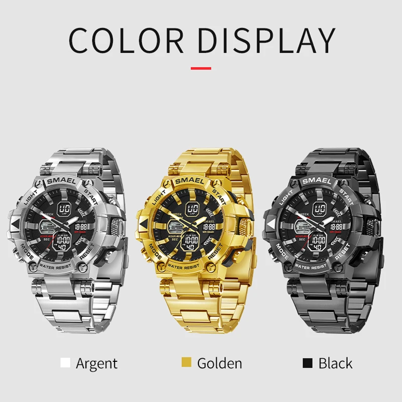 SMAEL Golden Sport Watches for Men Stainless Steel Band Analog Quartz Digital Dual Time Waterproof Luminous Wristwatch Male