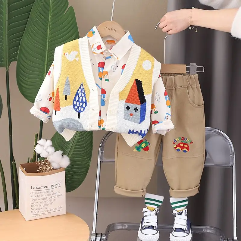 Spring and Autumn Children\'s Clothing Set New Boys and Baby Handsome Shirts Vest Pants Three Piece Set Kids Outfits