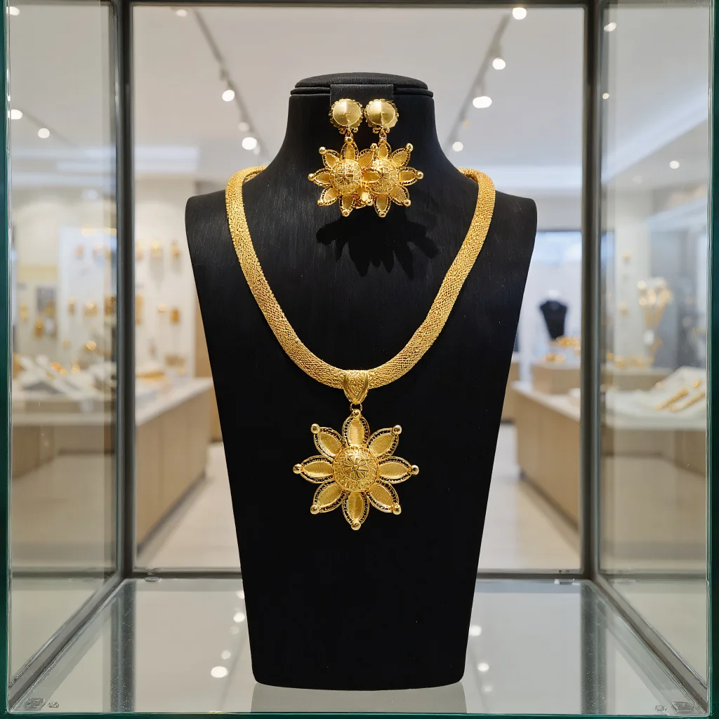 Luxury 24K 9999 Pure Gold real gold Women's Banquet Petal Necklace Earrings Set