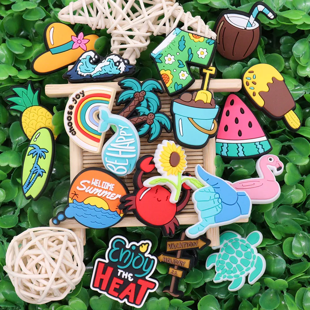 1/20Pcs Hat Crab Wave Enjoy The Heat Sandals Buckle Shoe Charms Kids Summer Holiday Accessories DIY Travel Gifts